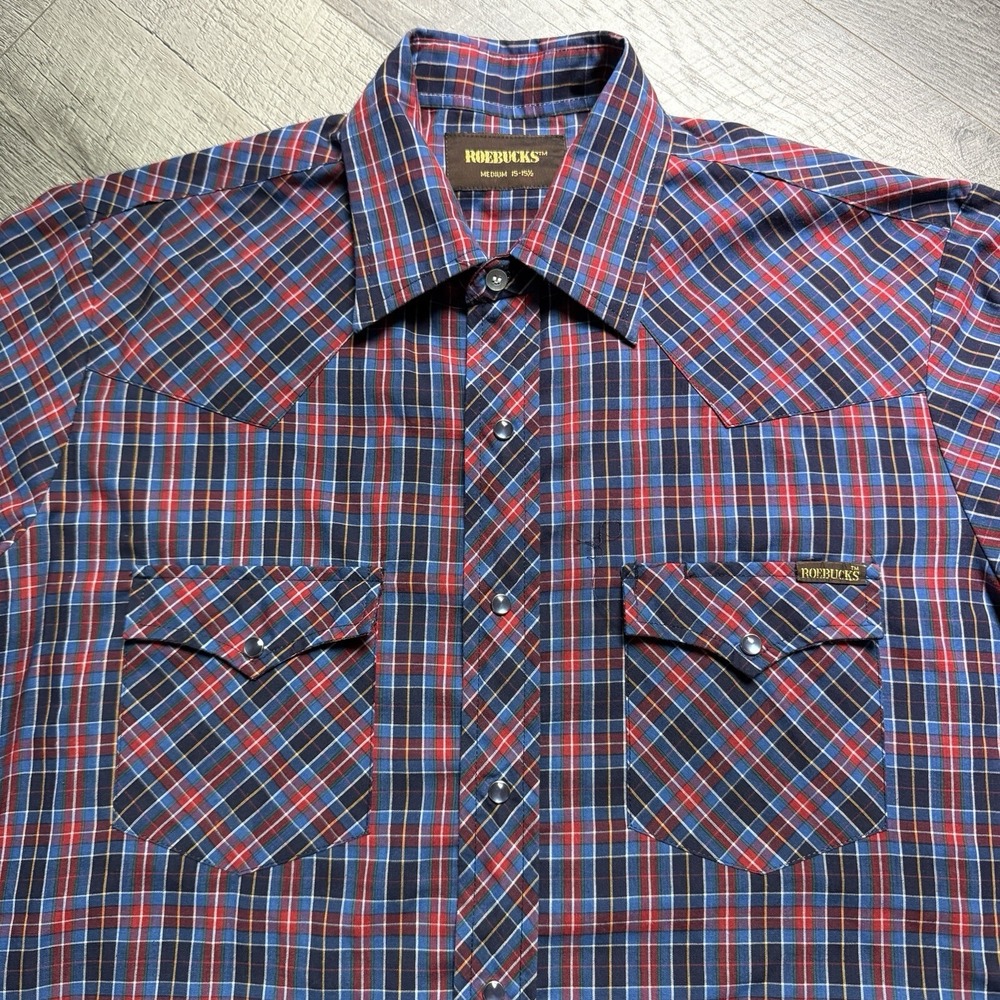Vintage 80's Roebucks Shirt‎ Men's Medium Blue Plaid Western Blue Pearl Snaps
